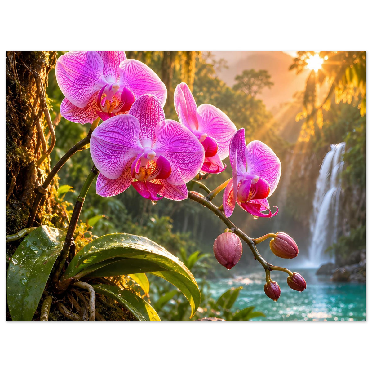 Naturposter mit pinken Orchideen an verzweigtem Ast, mit Wasserfall und Grünpflanzen