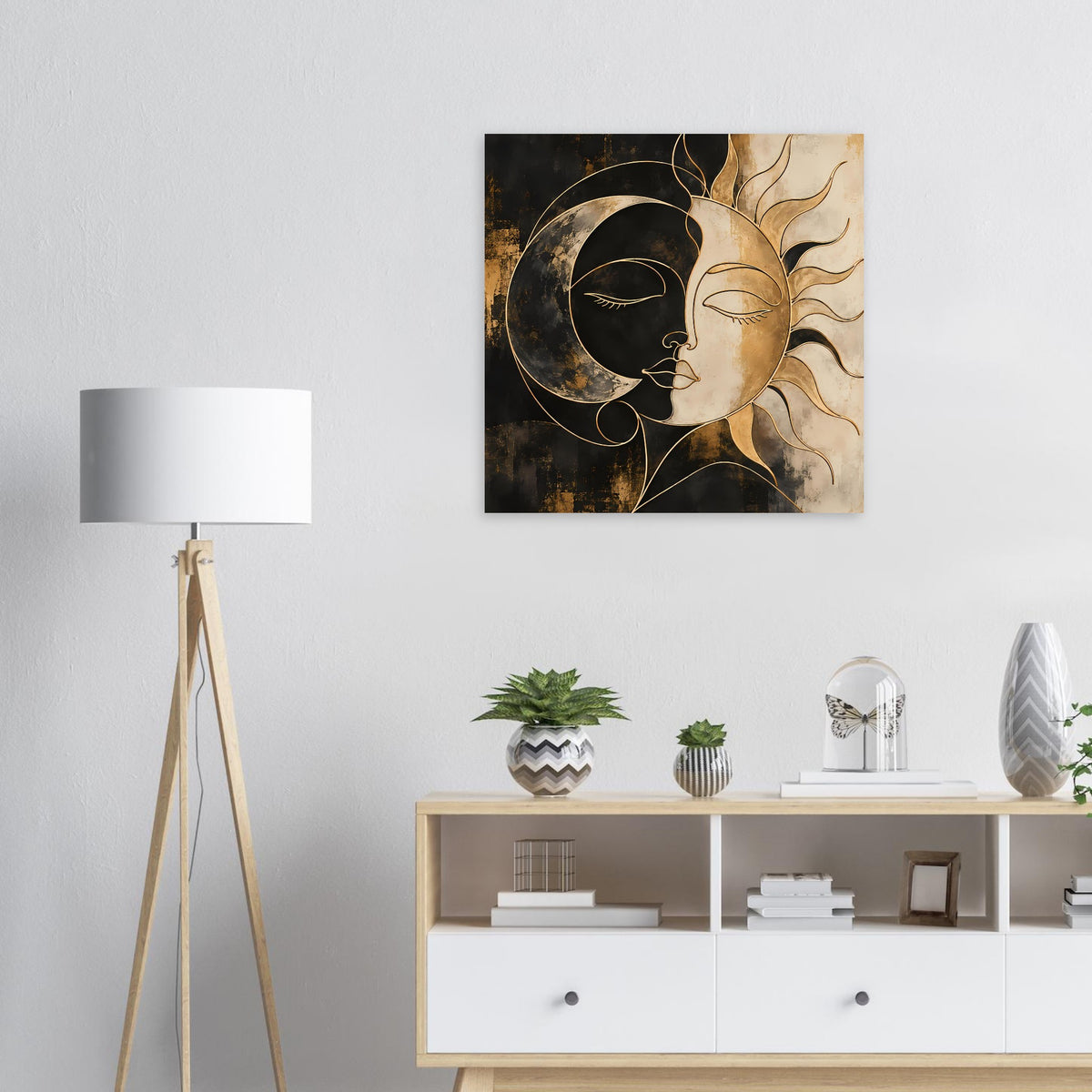 Quadratisches Kunstposter mit Sonne-und-Mond-Gesichtern, Schwarz-Gold, mit dünner Umrandung