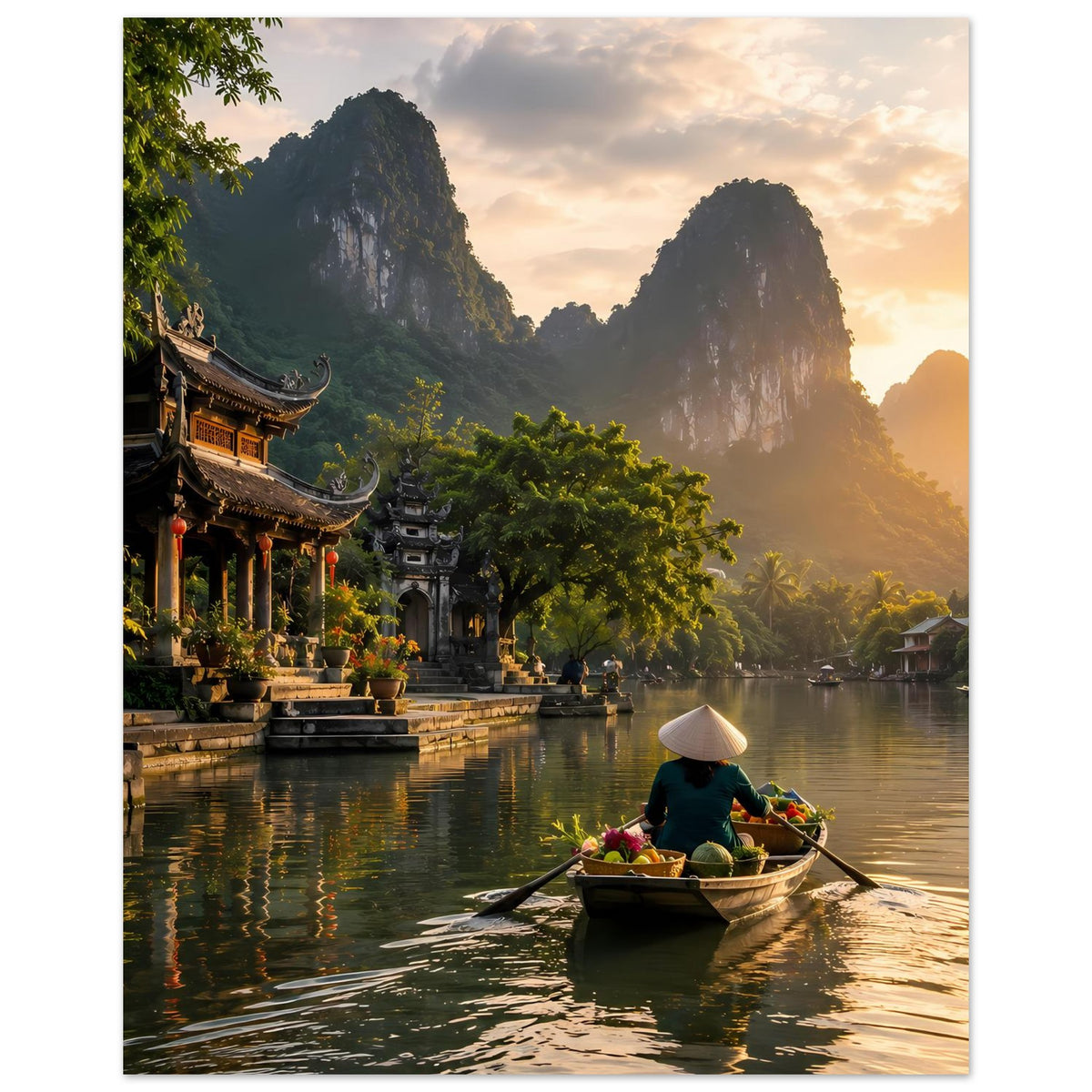 Kunstposter im Hochformat: Fluss, Boot und Berge bei Sonnenuntergang