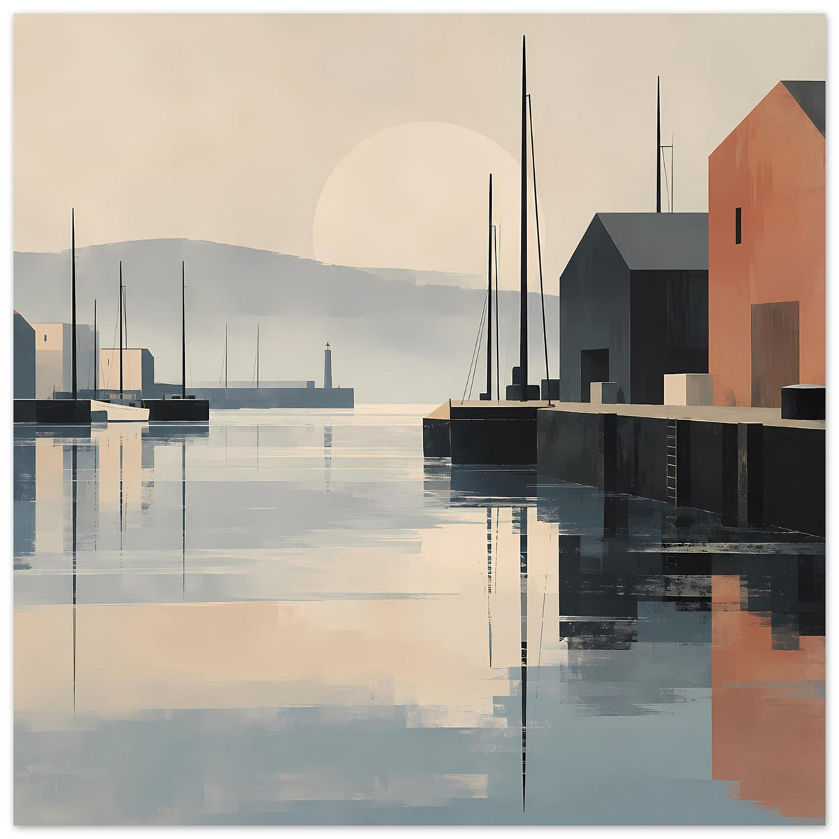 Minimalistisches Hafen-Sonnenuntergangs-Poster mit Hafenbecken, orange Seitenwand und Spiegelung, Rand