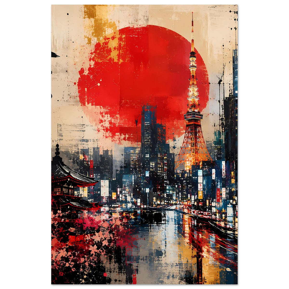 Abstraktes Poster mit Tokio-Skyline, rotem Sonnenhalbkreis und nächtlichem Tower