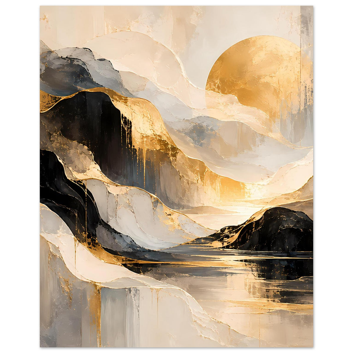 Abstraktes Kunstposter, vertikales Landschaftsmotiv in Gold, Schwarz und Creme mit Fluss