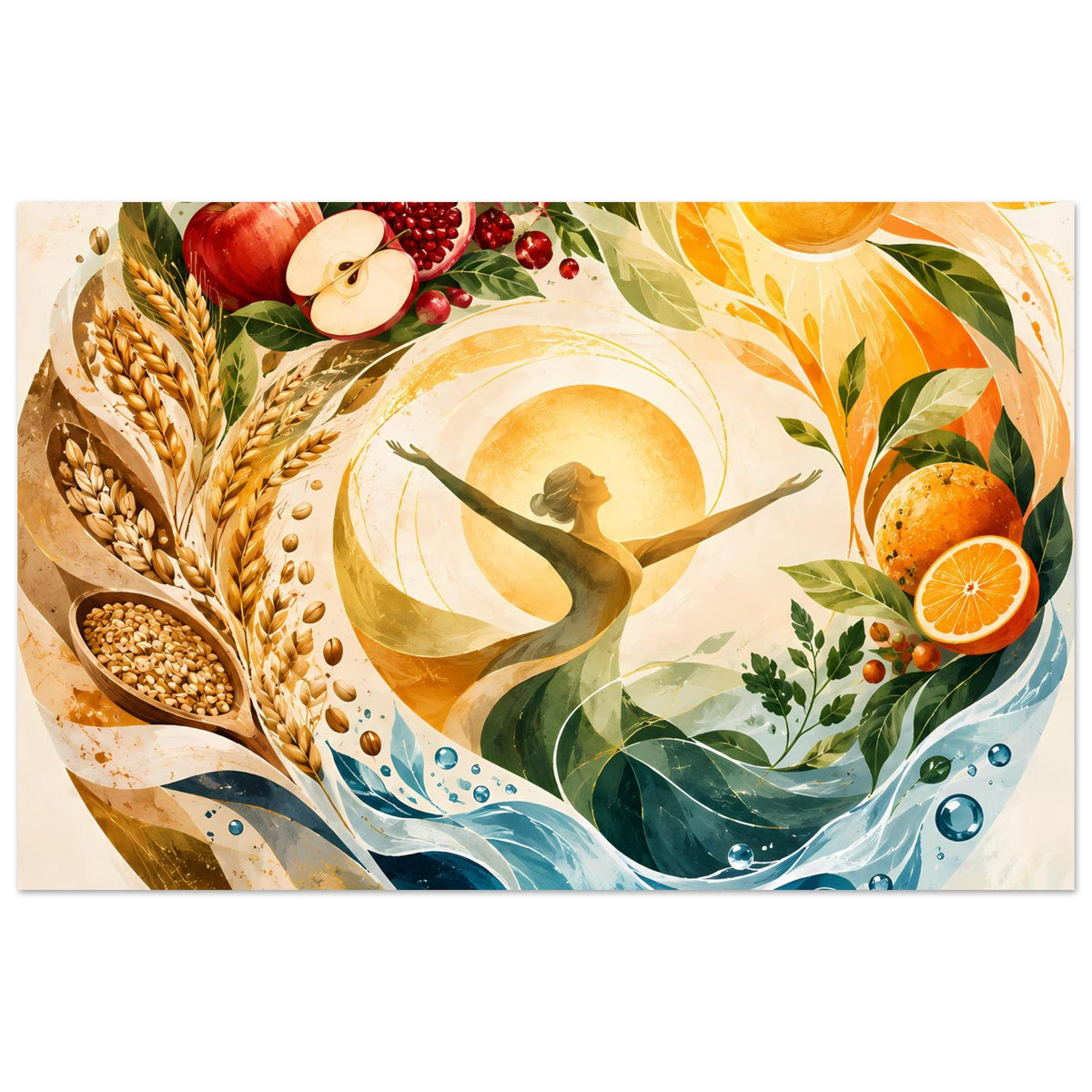 Horizontales Poster mit Sonne, Erntefrüchten, Körnern, Blättern und Frauenfigur im Kreis