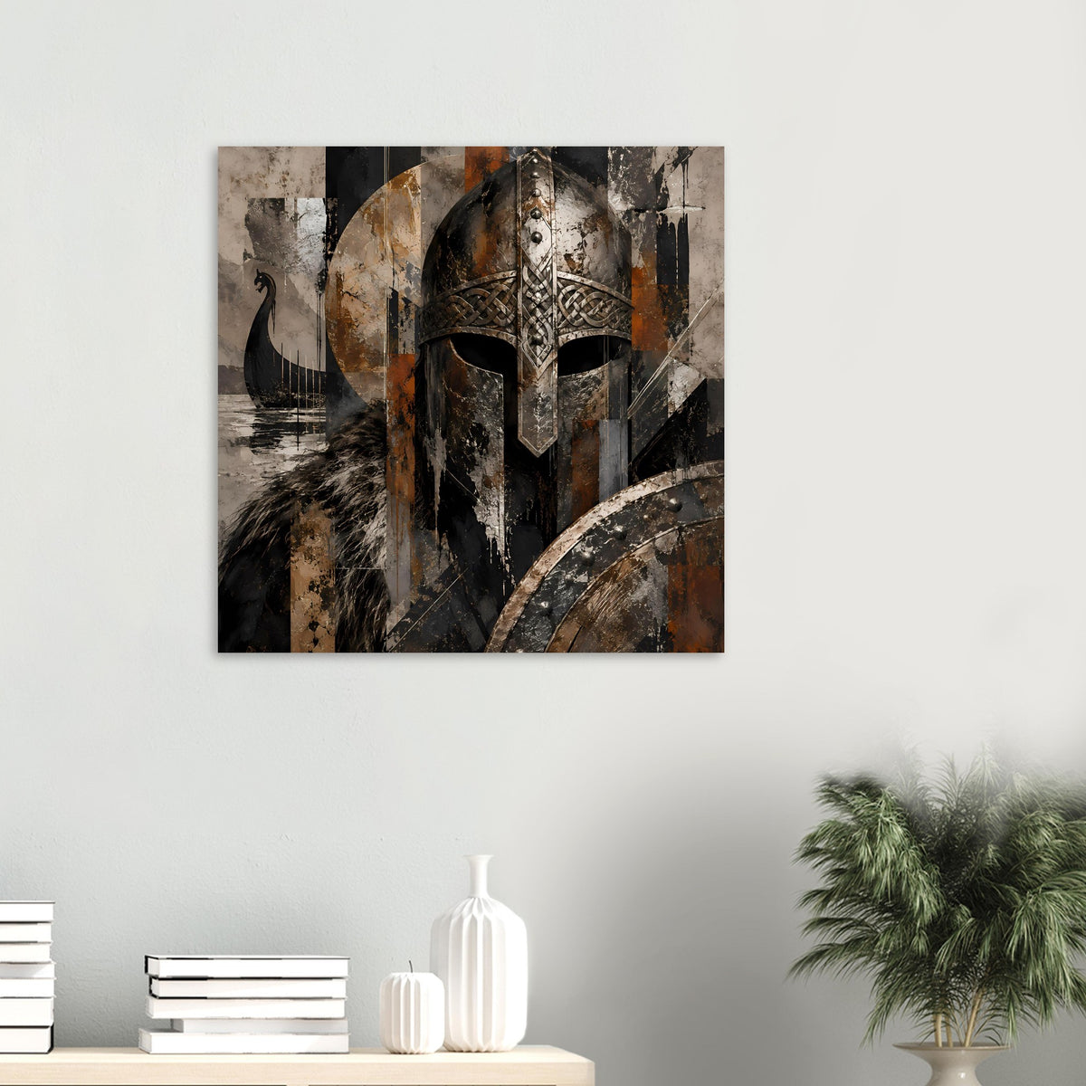 Wiking-Krieger-Poster: Helm und Schild mit Fellstruktur in Braun-, Grau- und Beigetönen