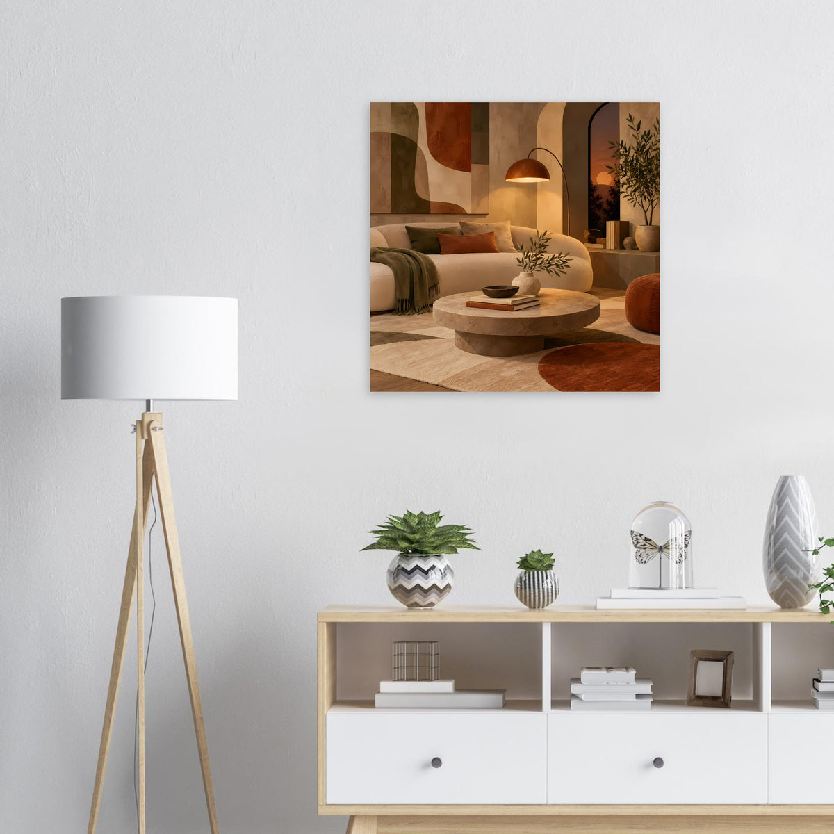 Abstraktes Kunstposter in warmen Erdtönen, quadratisch, mit Wohnszene-Motiv