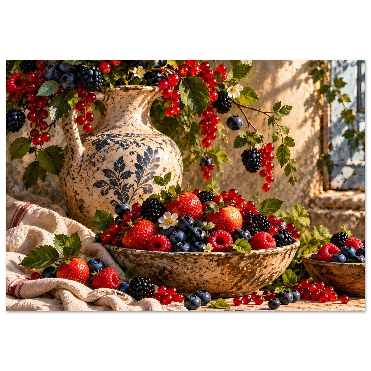Poster im Beerenstillleben-Stil: Schale, Vase, rote und blaue Beeren, Stofftuch links