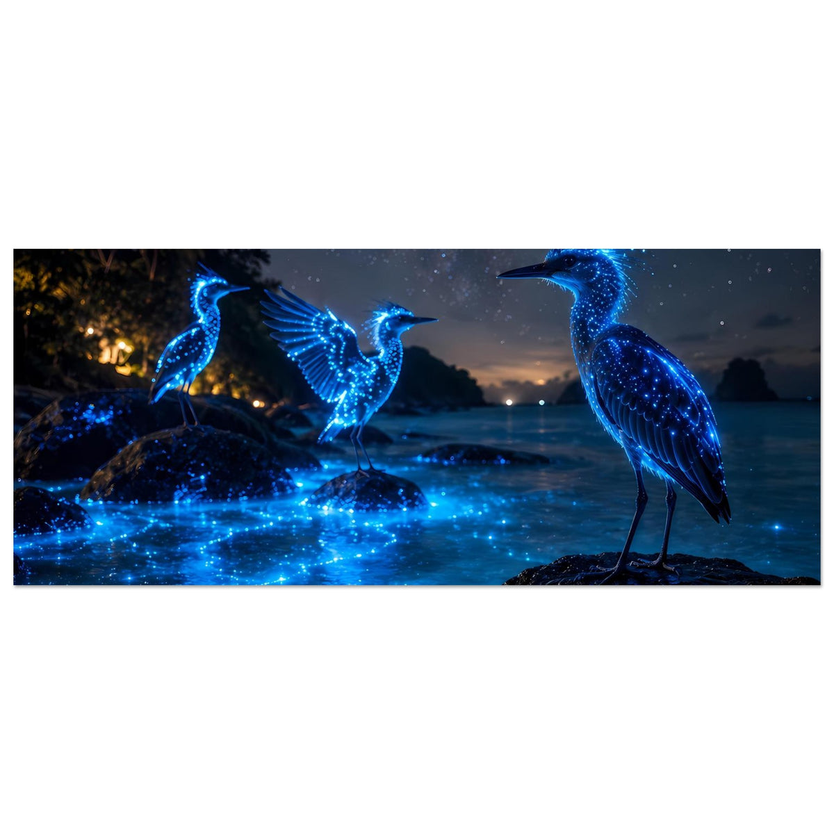 Querformat-Poster mit zwei leuchtenden blauen Nachtvögeln und blau glühendem Wasser