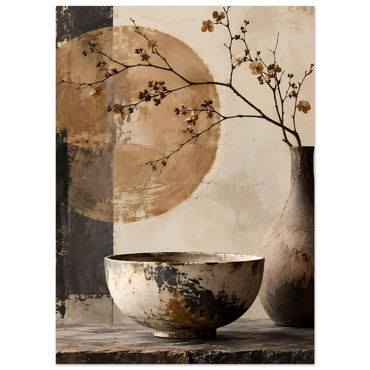 Still-Life-Poster: Vase rechts, Schale vorne unten, feine Blütenzweige über dunklem Halbkreis