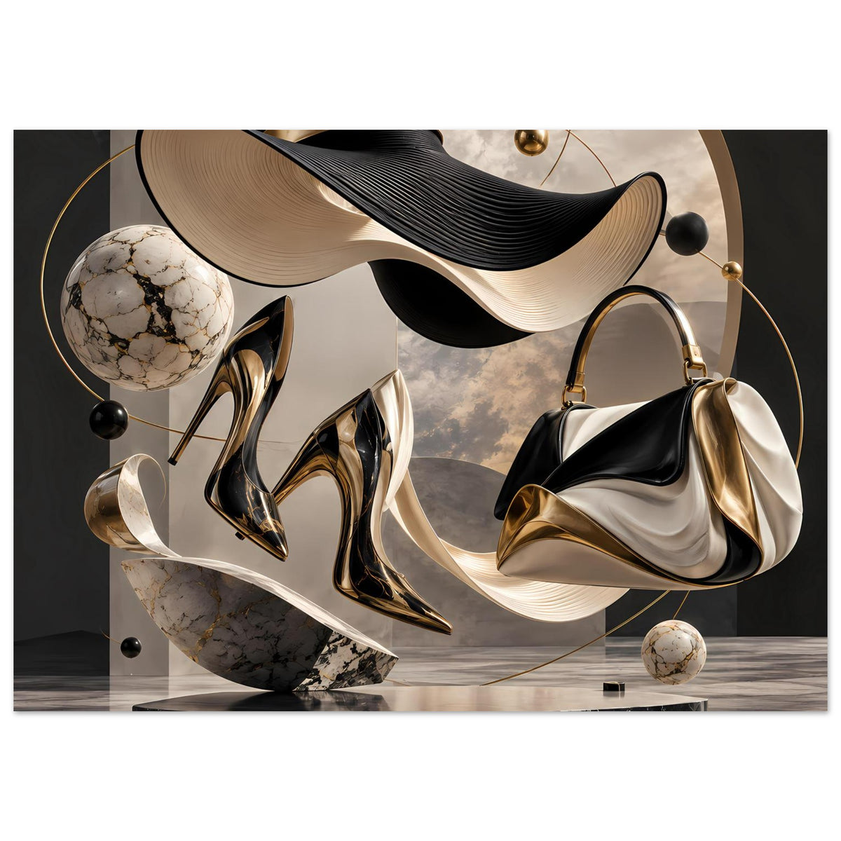 Abstraktes Modekunst-Poster: gold-schimmernde Schuhe, schwarze und beige Handtasche