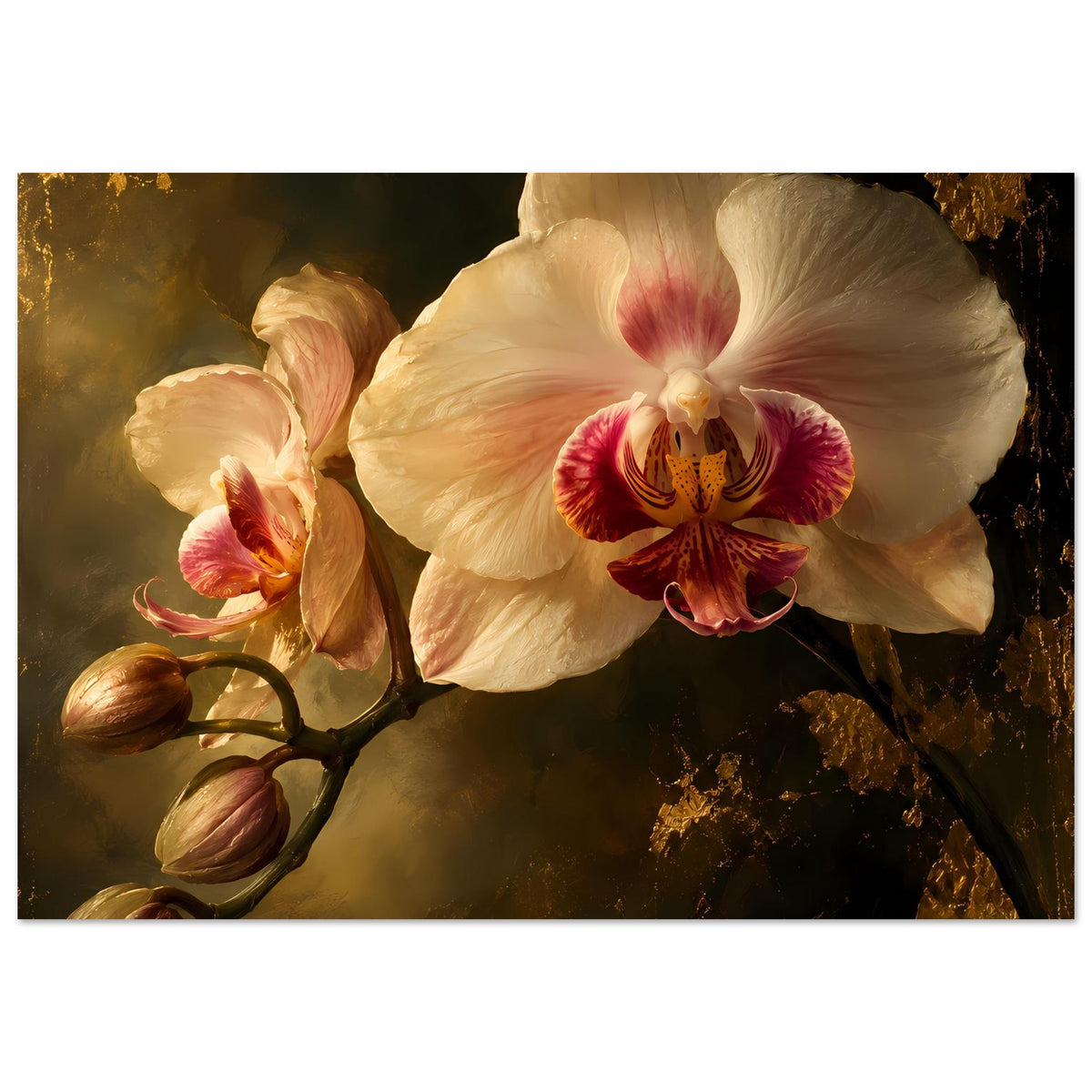 Orchideenposter: cremeweiße Orchideenblüte, rosafarbenes Zentrum, links Knospen im Fokus