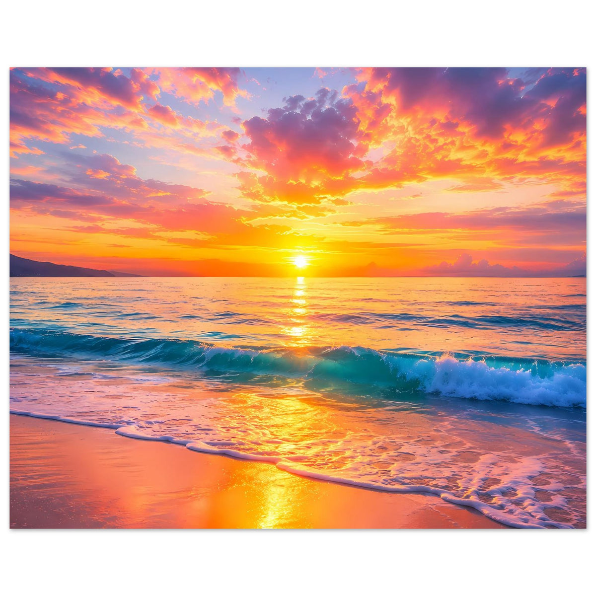 Horizontales Strandposter mit Sonnenuntergang, orangefarbene Wolken und Wellen mit Schaum