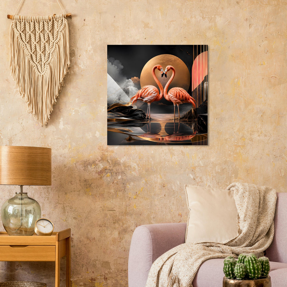 Flamingo-Kunstposter mit zwei rosa Flamingos, dunklem Wasser und gold-orange Kreis