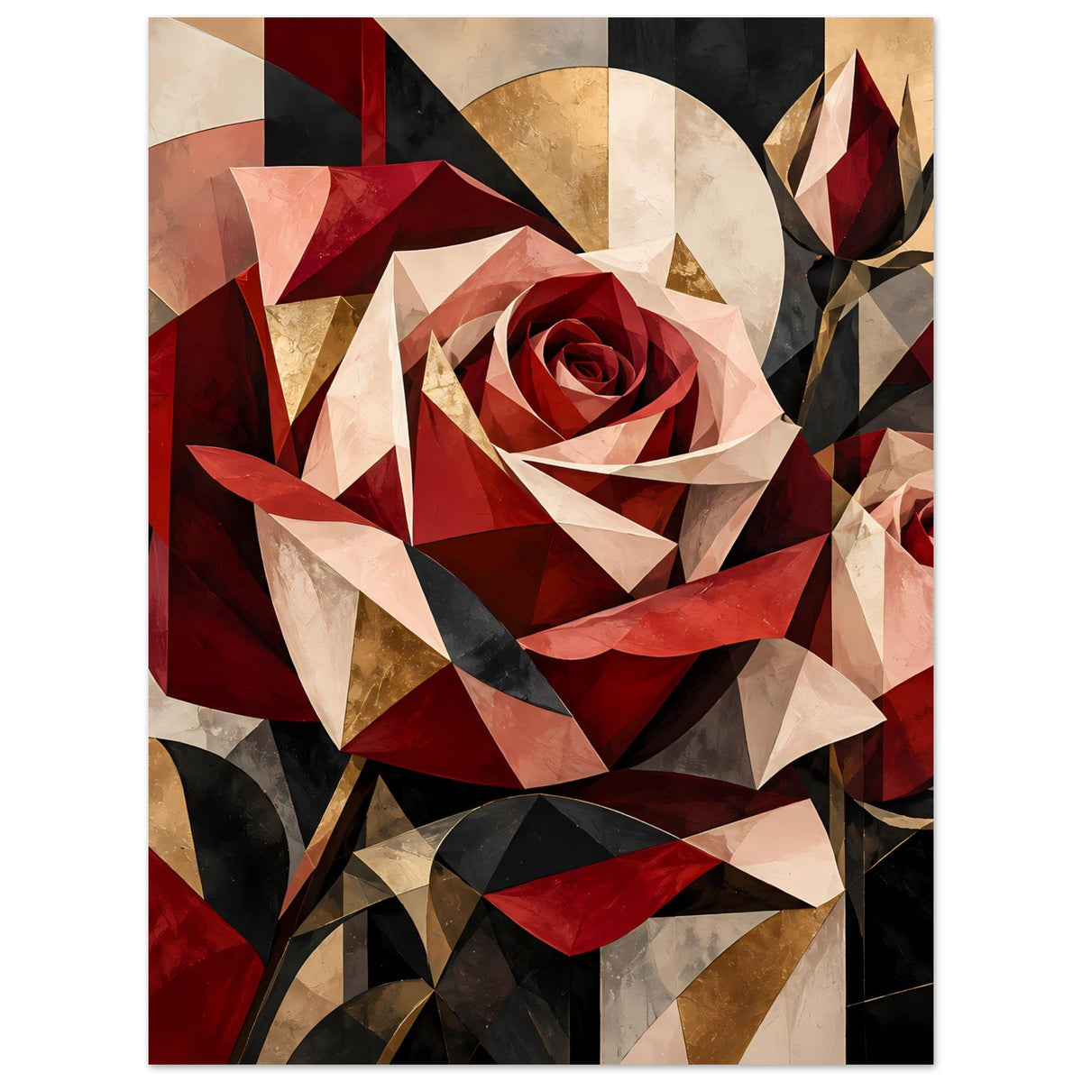 Blumenposter: rosenförmiges geometrisches Motiv in Rot und Gold mit beige und schwarzem Kontrast