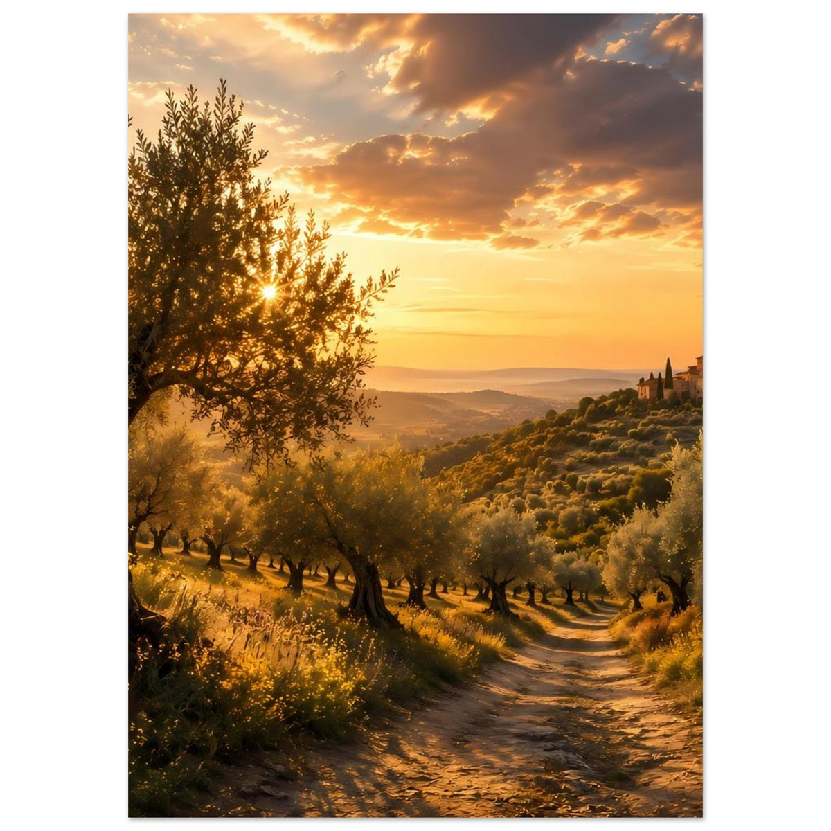 Poster mit Olivenhang, geschwungenem Feldweg und Dorf am Horizont im goldenen Licht
