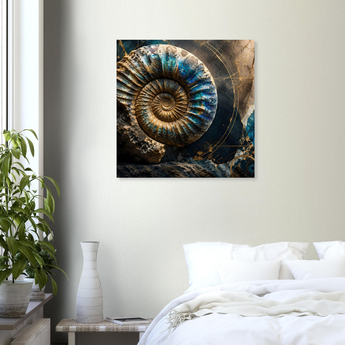 Quadratisches Kunstposter mit blauem Ammonit-Fossil, goldenen Akzenten und dunklem Gestein