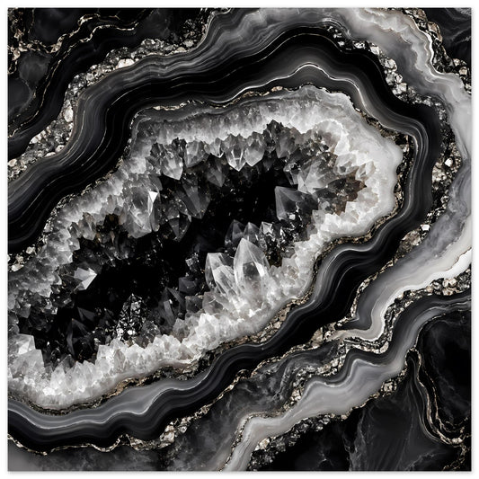 Geoden-Poster mit schwarzen und weißen Kristallen, schimmernde Adern in Grau-Schwarz