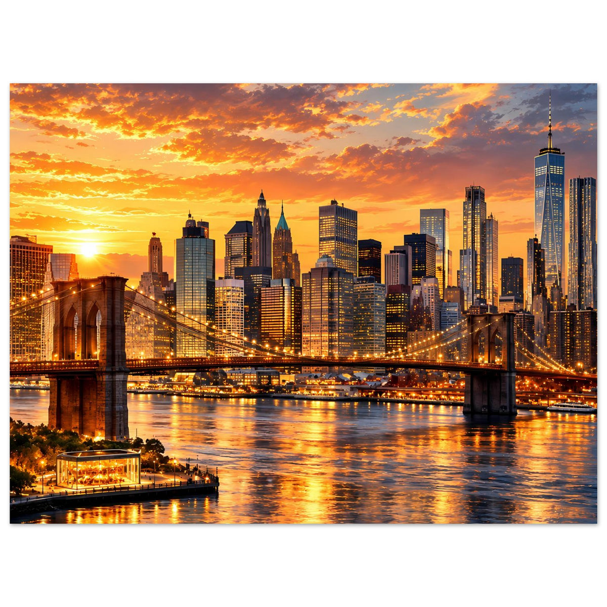 Horizontales Poster mit Sonnenuntergang über der New-York-Skyline und beleuchtetem Fluss