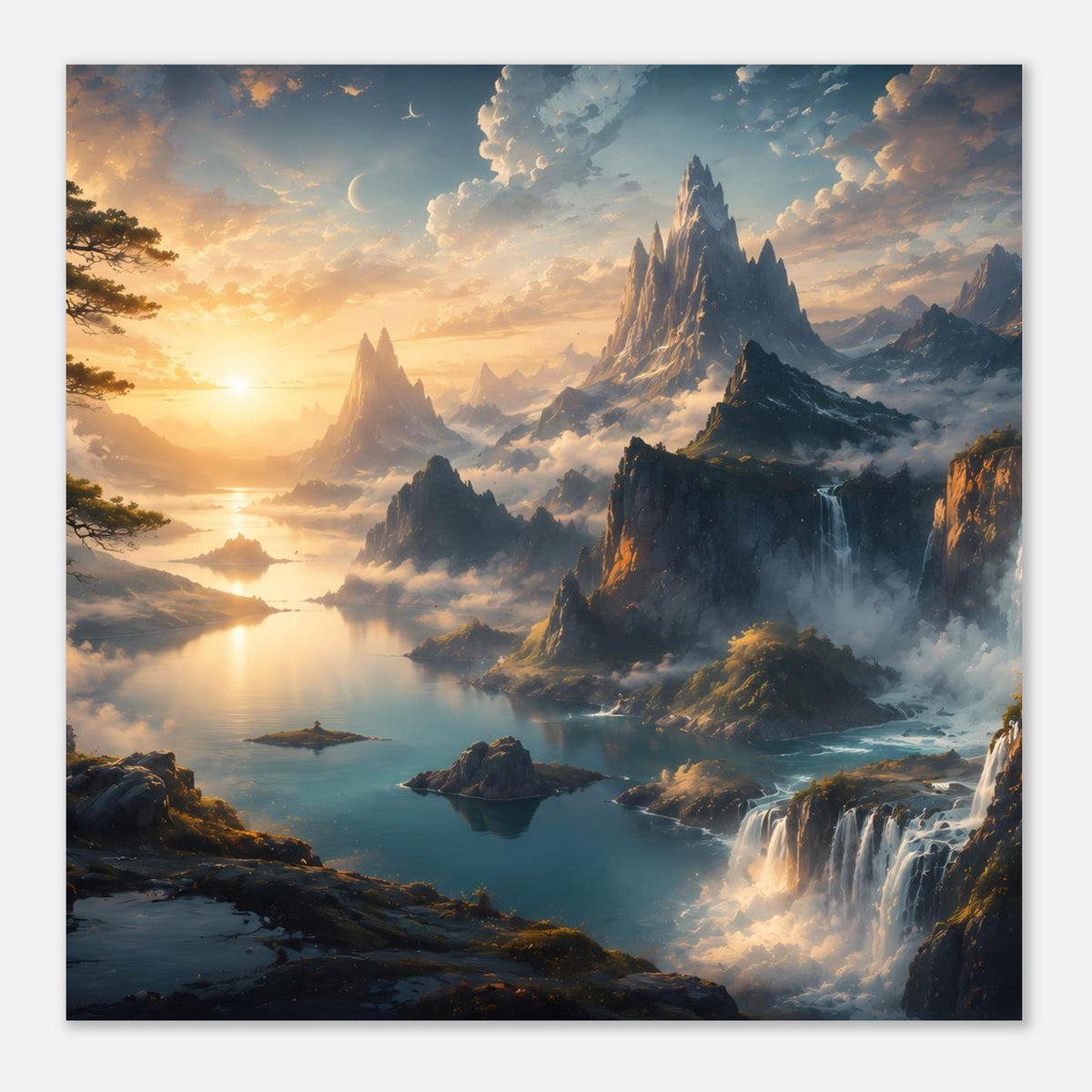 Landschafts-Poster: Sonnenaufgang über Gewässer, Felsufer und Wasserfall mit Gischt