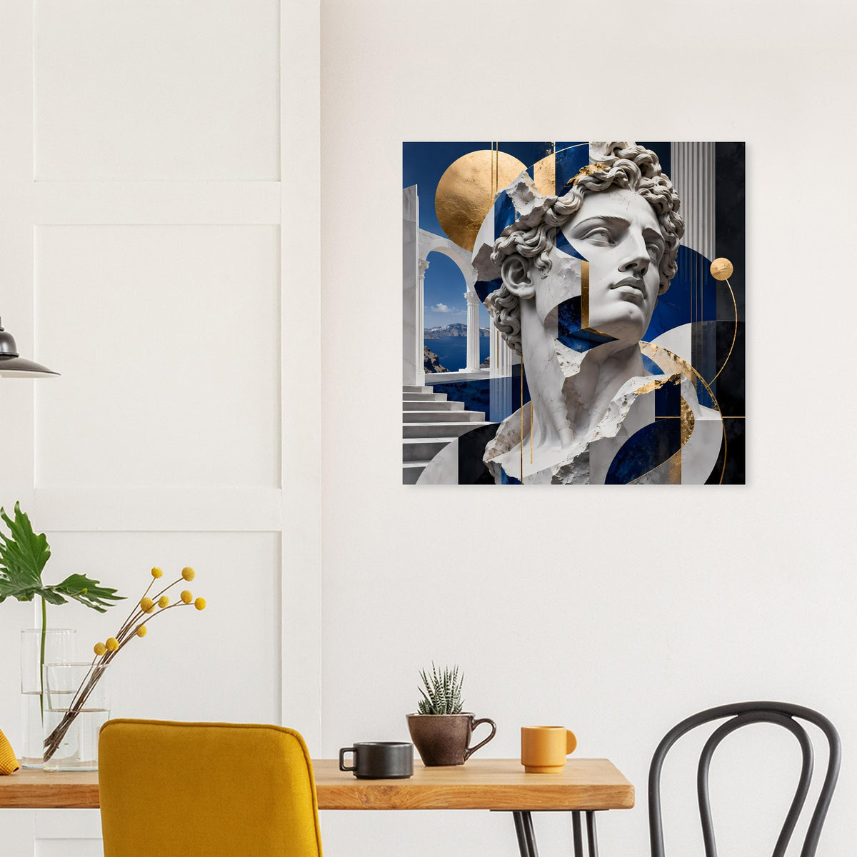 Poster mit Gesicht einer Marmorbüste, umrahmt von blau-goldenen Formen