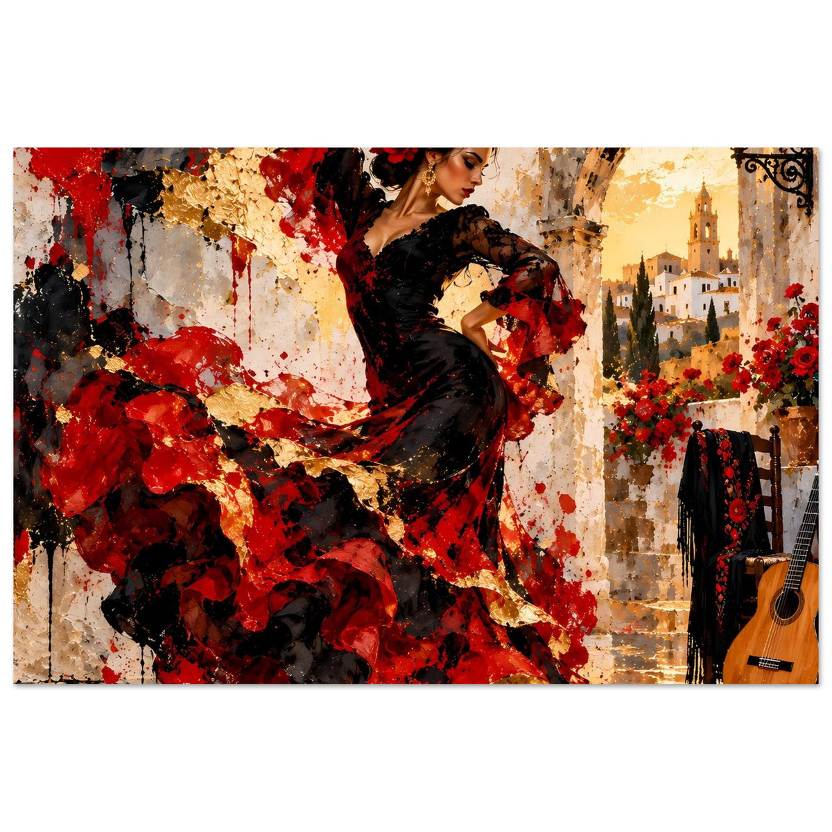 Poster: Flamenco-Tänzerin im schwarzen Kleid, rote Farbflächen, archäisch wirkende Wand-Optik