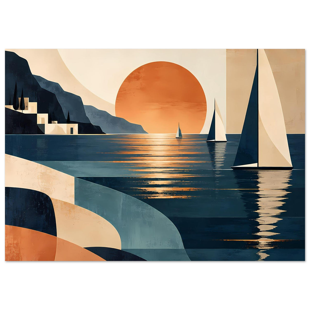 Poster (Querformat): Meerlandschaft mit Segelbooten, großer Sonne und geometrischer Farbfläche