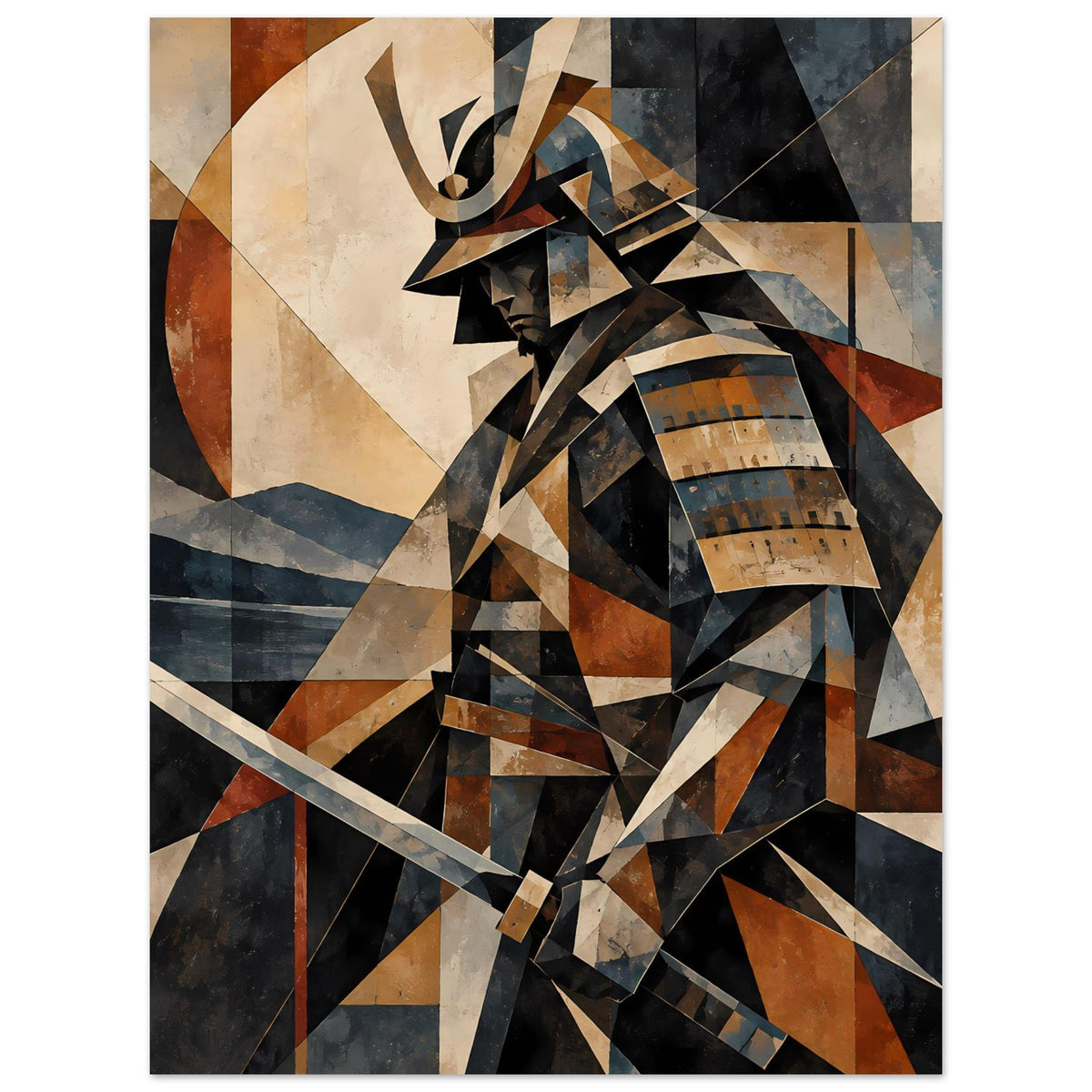 Poster mit geometrischem Samurai-Krieger in Braun- und Blautönen, dynamische Formen