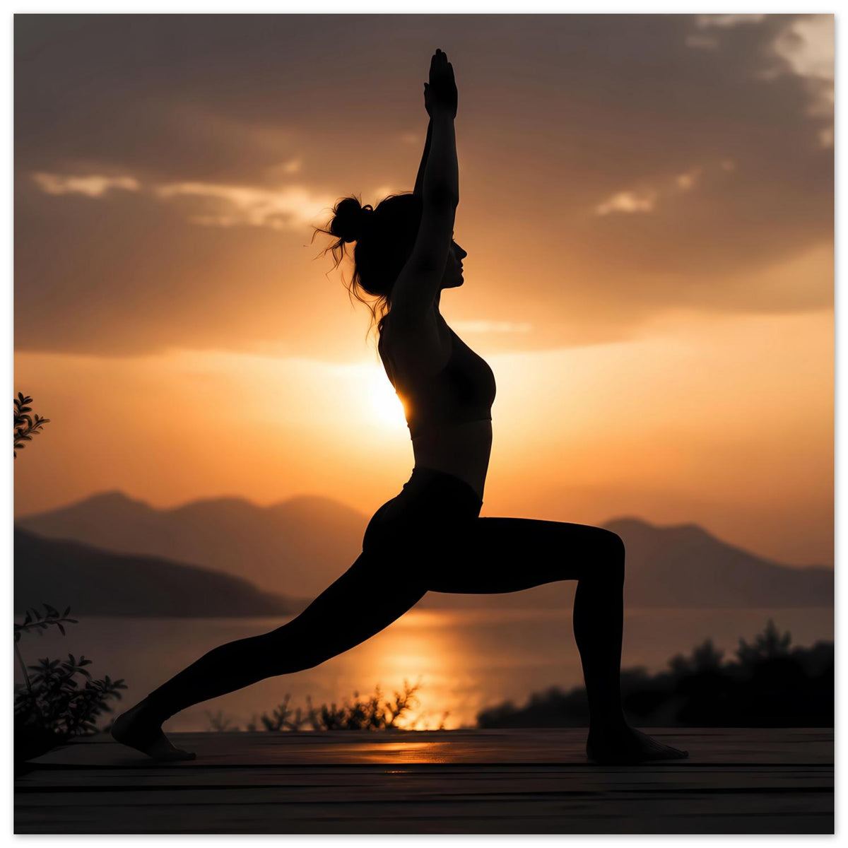 Yoga-Poster: Yogapose als Silhouette im Sonnenuntergang, gestreckter Stand