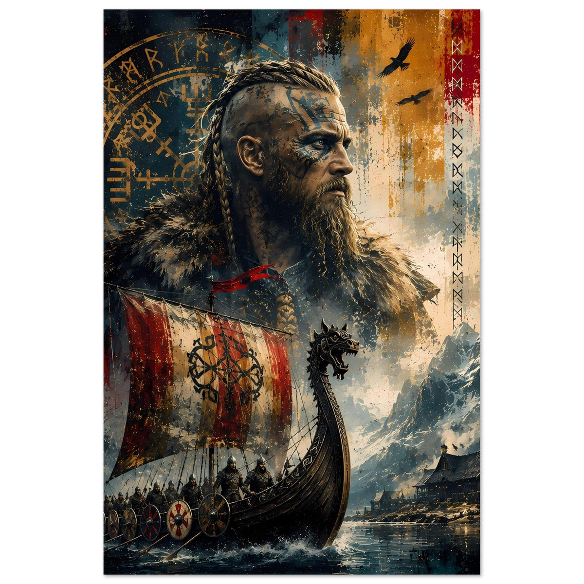 Wikinger-Legendenposter, vertikal: bärtiger Wikinger mit Helm und Runen, Schiffsüberfahrt