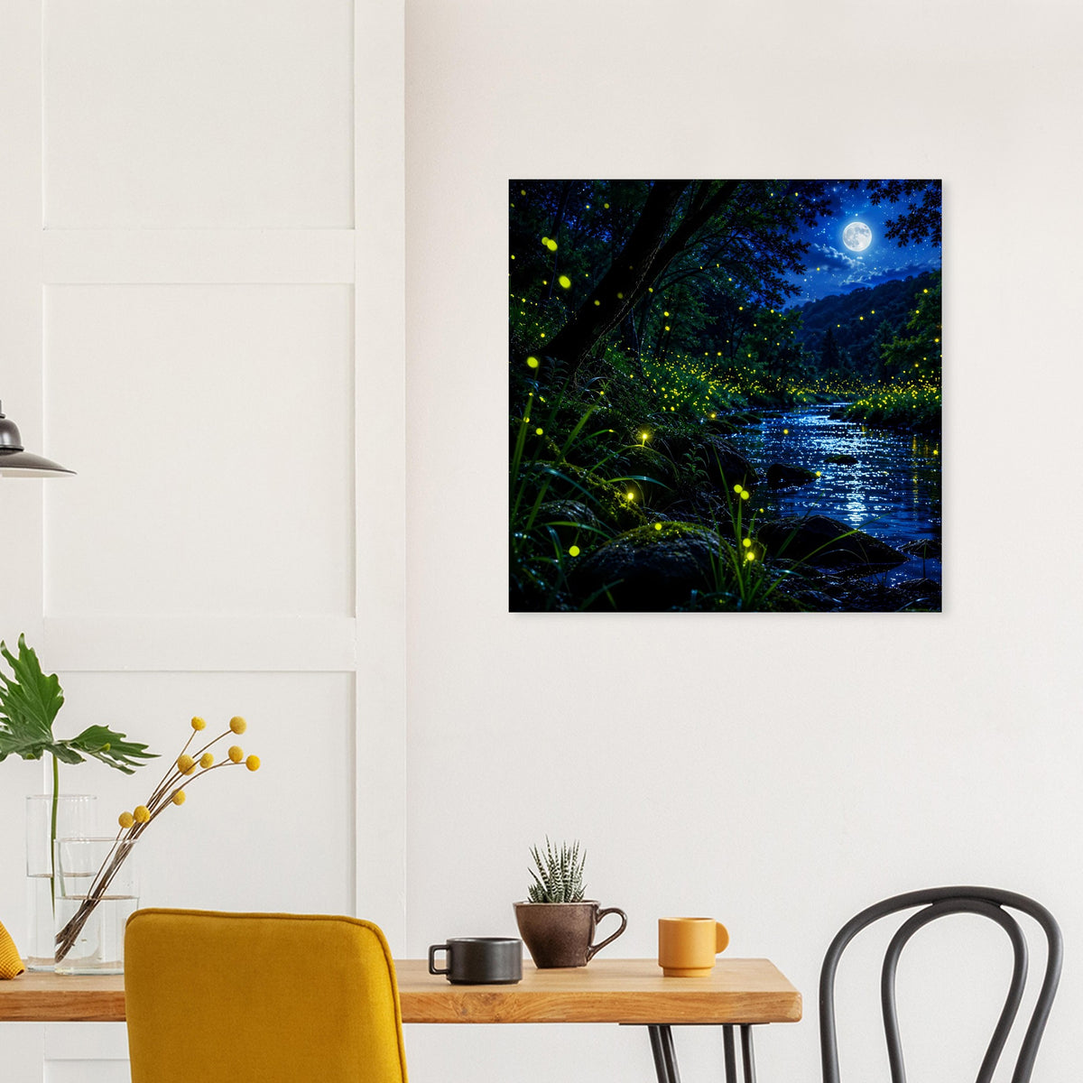 Quadratisches Poster mit Fluss im Dunkeln, blauem Wald und leuchtenden Glühwürmchen
