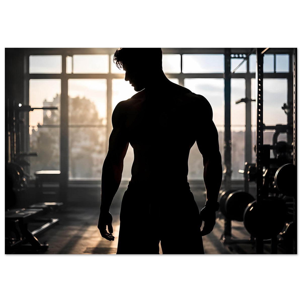 Fitness-Poster: Silhouette eines Mannes im Gym-Look, von vorne nach links, bis Oberschenkel