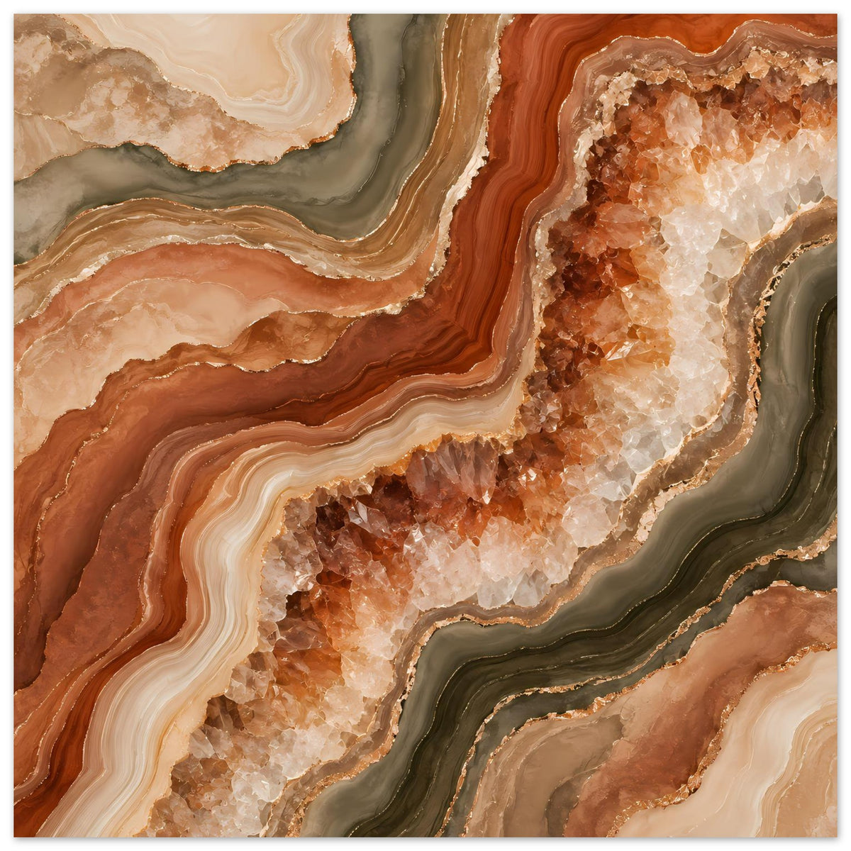 Geoden-Poster mit abstrakten Adern: braun-beige Schichten und goldene Kristallspitzen