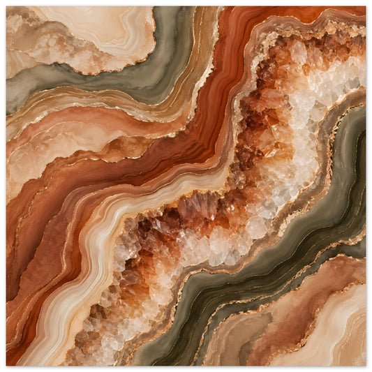 Geoden-Poster mit abstrakten Adern: braun-beige Schichten und goldene Kristallspitzen
