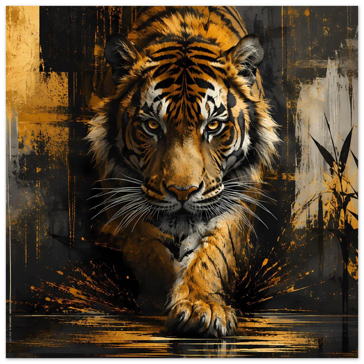 Tiger-Poster im Rahmen: zentrierter Tiger mit goldgelbem Fell und dunklen Streifen
