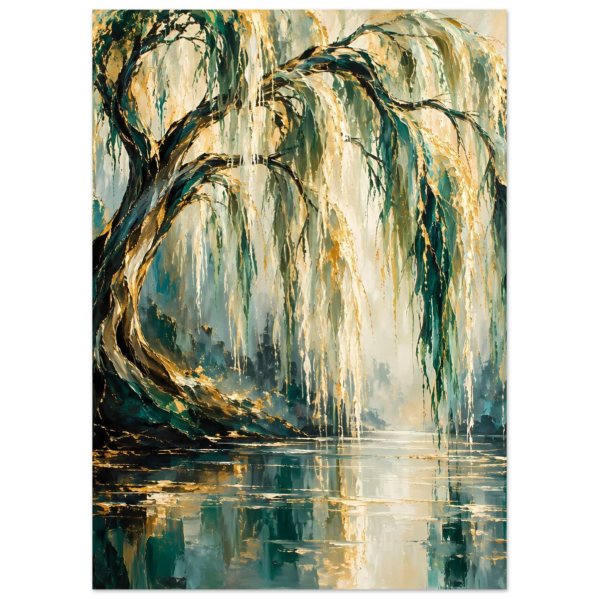 Poster mit Weidenbaum-Motiv: goldene Ranken über grünlich-blauem Wasser mit Reflexen.