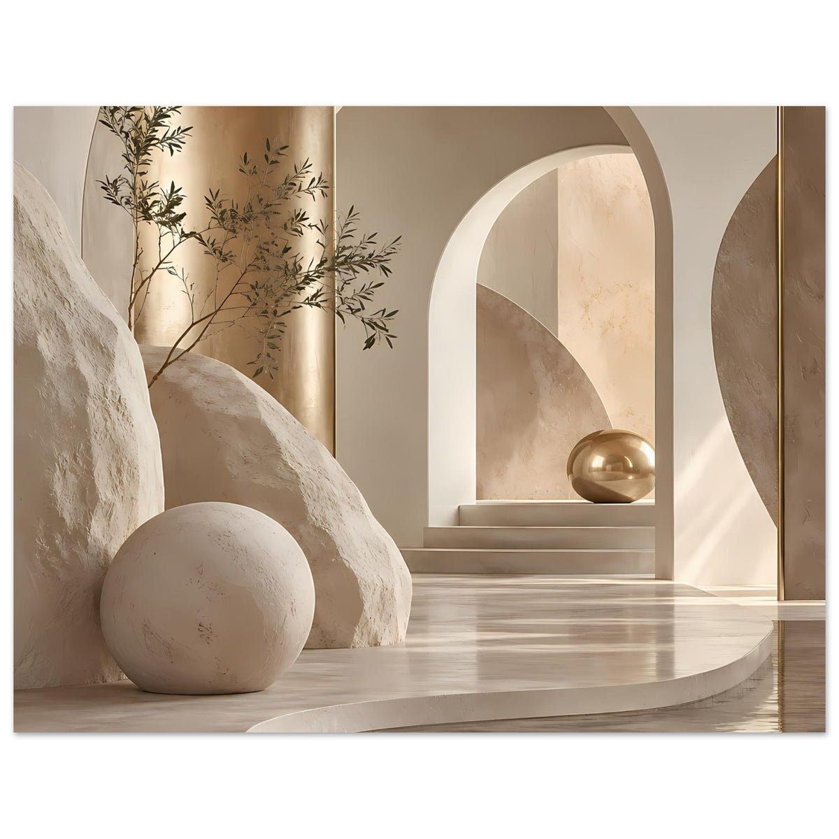 Querformat-Architekturposter: Rundbogen, Treppenstufen, goldene Kugel in Beige