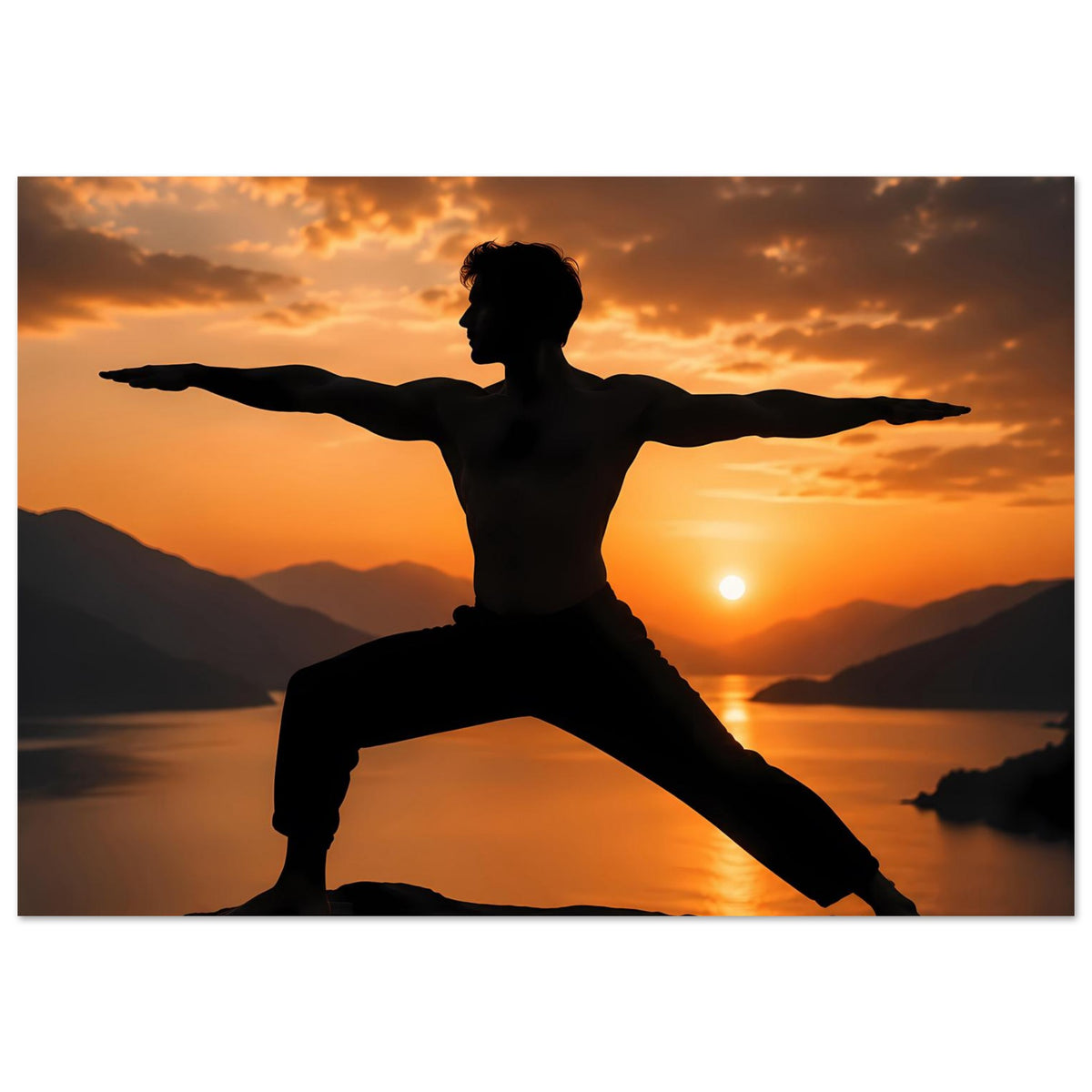 Yoga-Poster im Querformat: Silhouette in Kriegerpose bei warmem Sonnenuntergang
