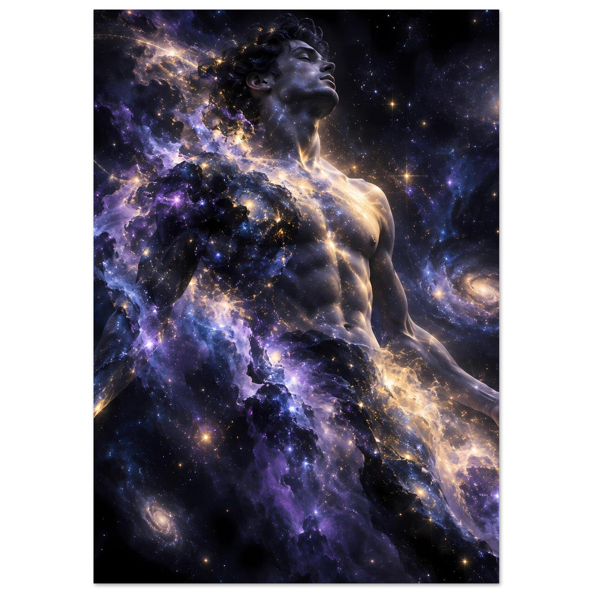 Galaxienposter mit Menschfigur: violette Wolken und goldene Partikel, dunkler Sternenhimmel