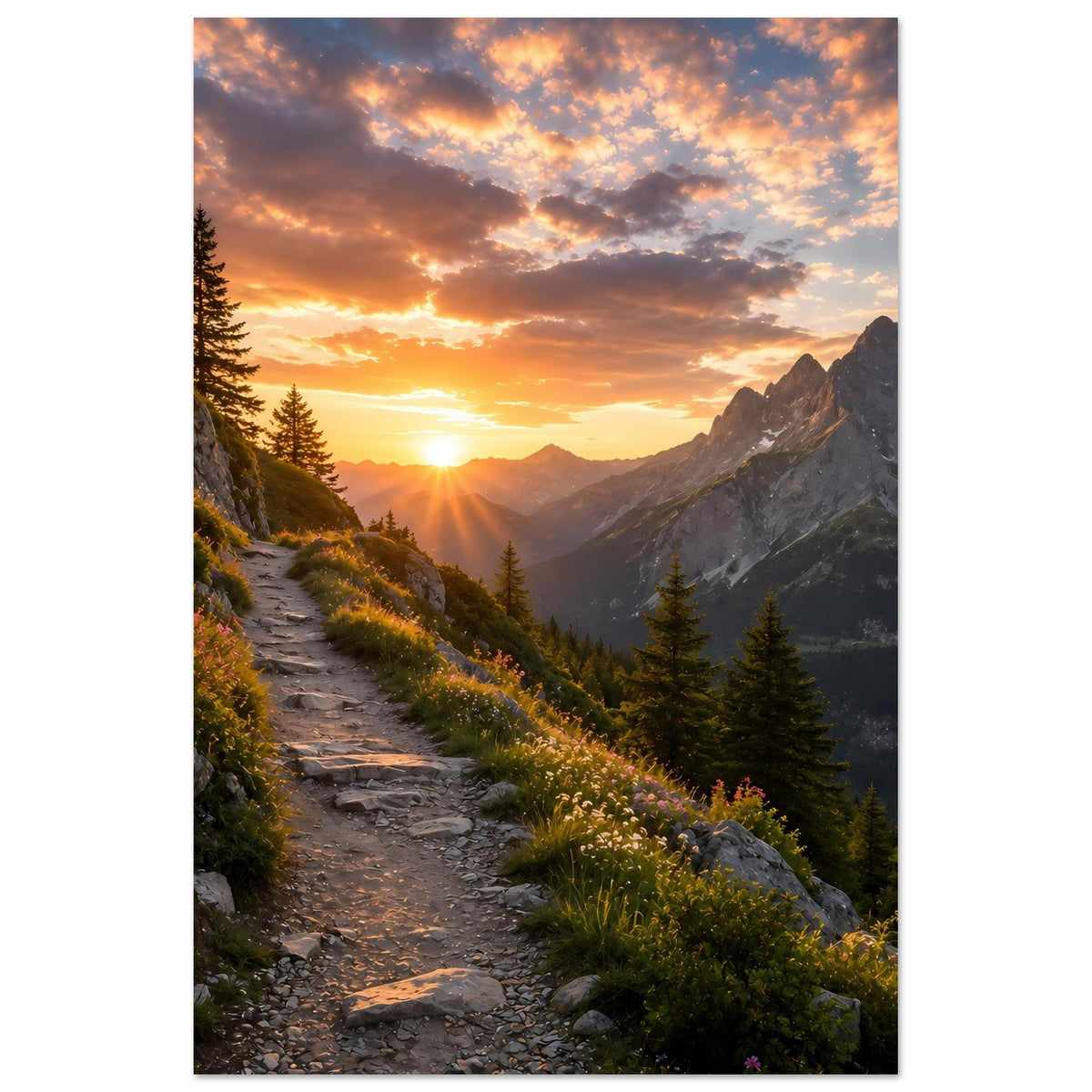 Vertikales Poster: Sonnenaufgang über Bergspitzen, Weg durch Wiese und Tannenwald