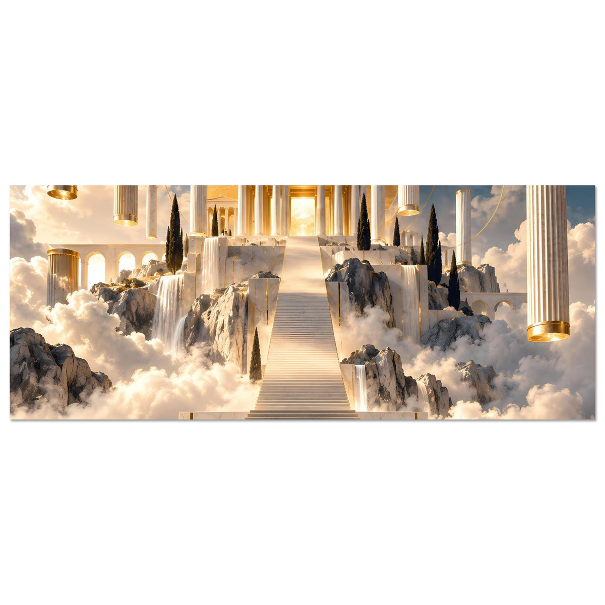 Horizontales Kunstposter: Treppe über Wolken, goldenes Tempelportal mit Säulen