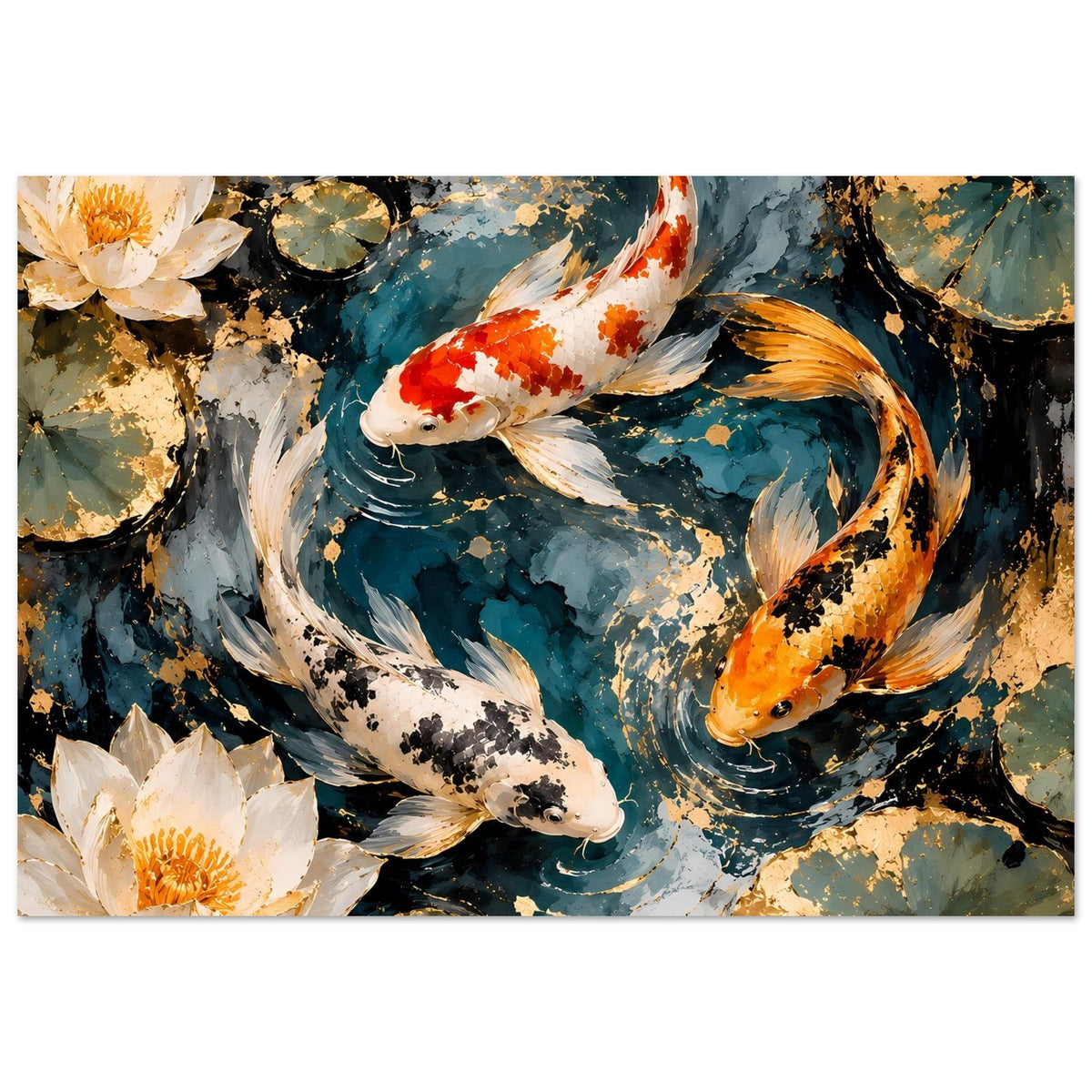 Kunstposter mit orangefarbenem und weißem Koi, abstrakter Teich mit Seerosen