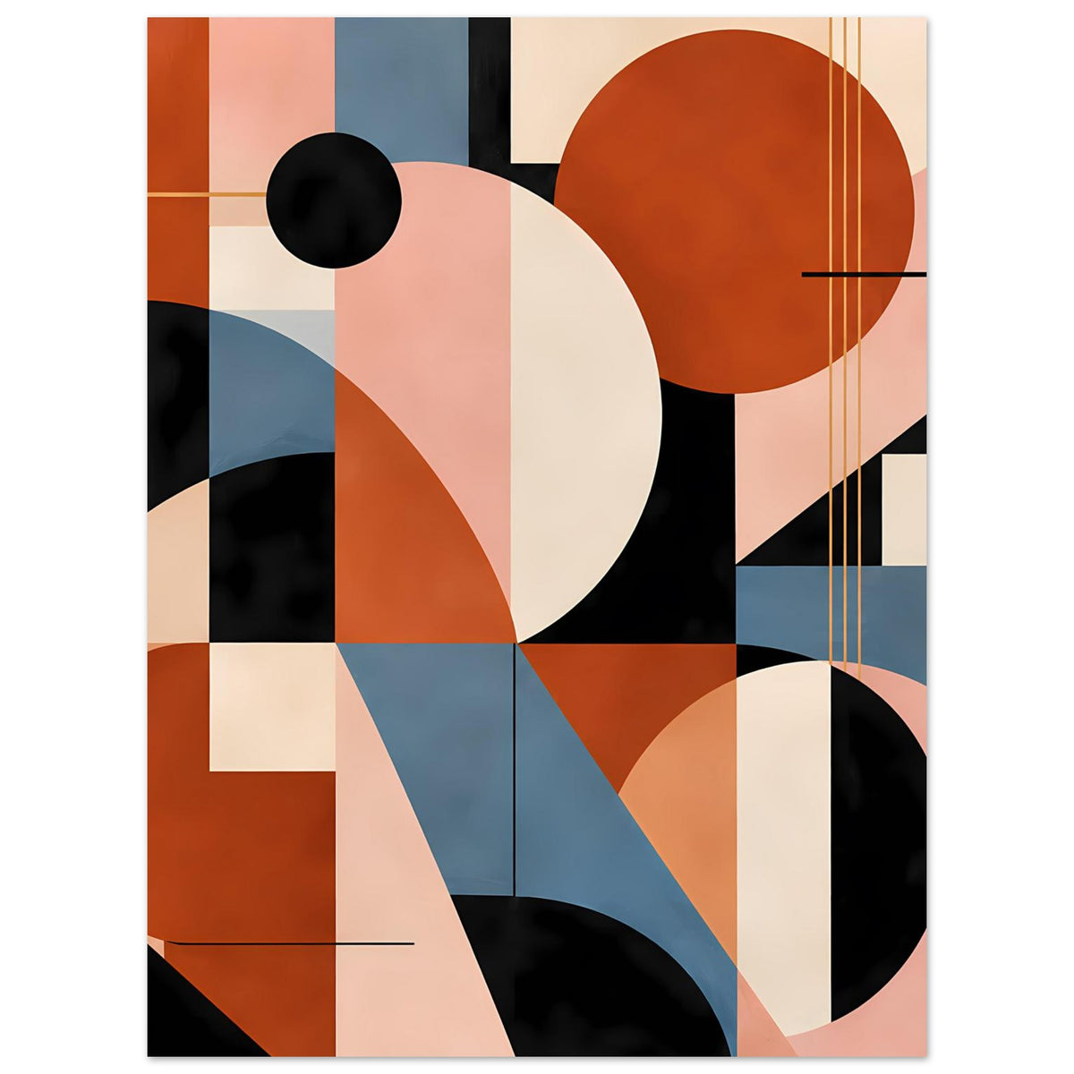 Geometrisches Kunstposter mit weißem Kreis im Zentrum, orangefarbenem Kreis rechts oben