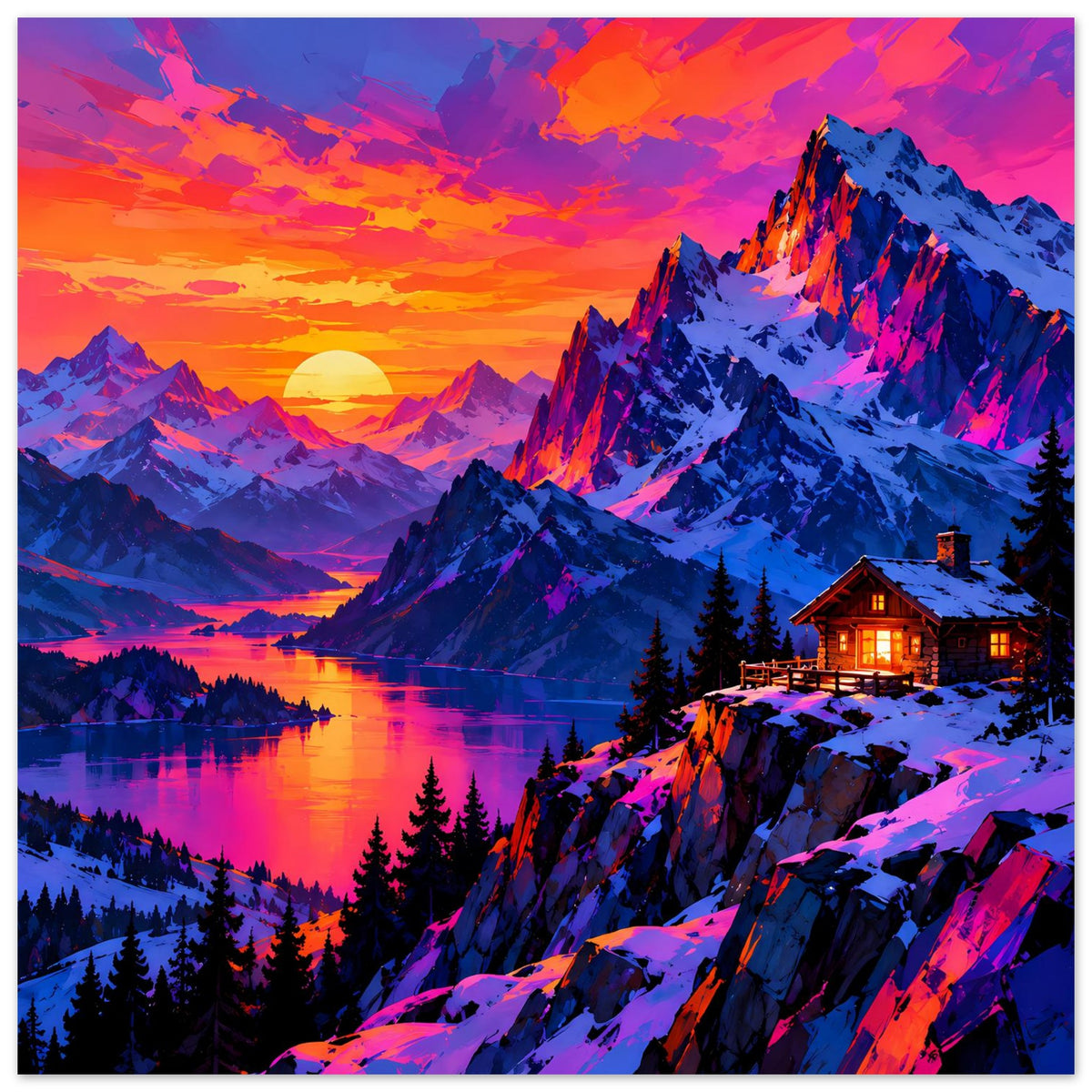 Hochformat-Poster mit Sonnenuntergang über verschneiten Bergen, beleuchtete Hütte rechts