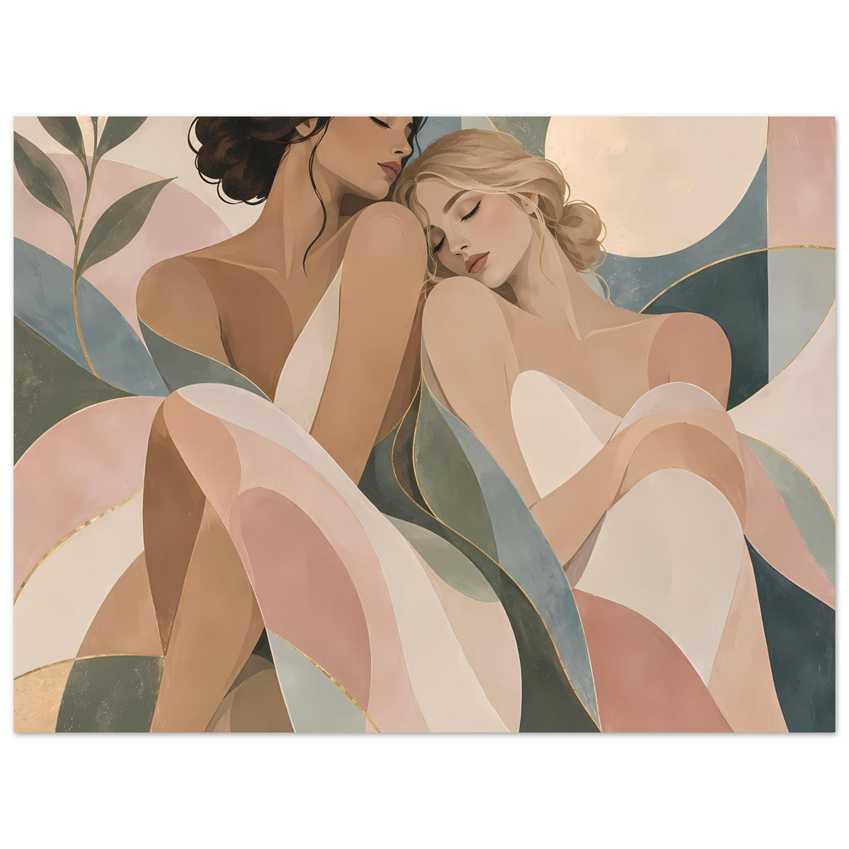Kunstposter mit zwei Frauen in Pastellfarben, nahere Ansicht, geschwungene Muster und Gold