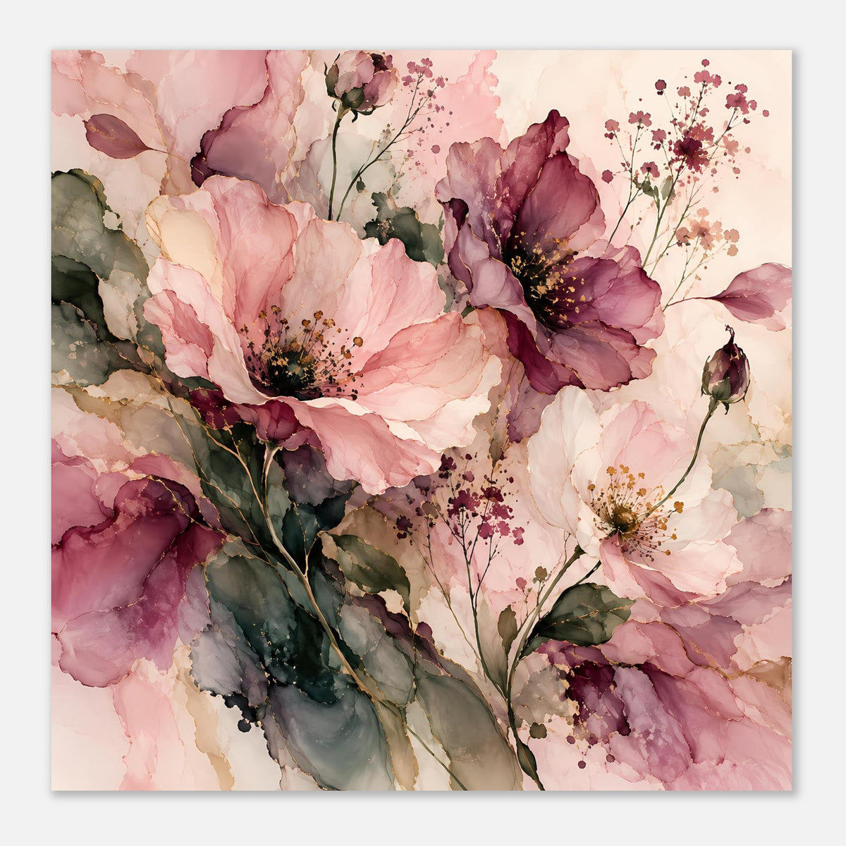 Blumenposter mit Fokus auf rosa Blüten und burgunderrote Blüten, grüne Blätter im Motiv
