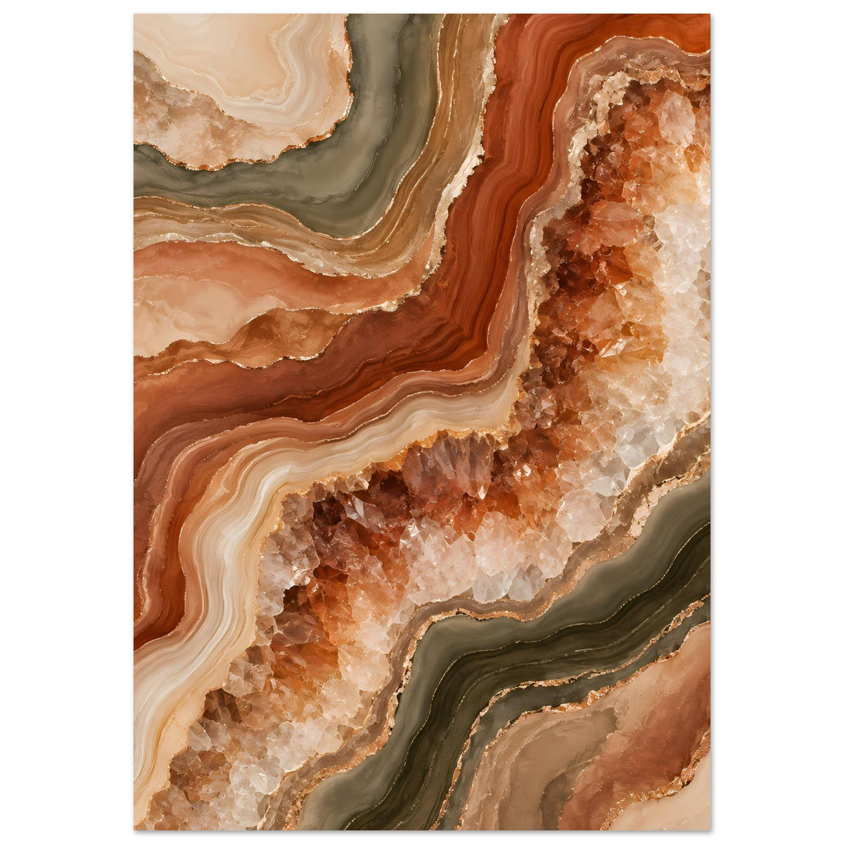 Poster mit Geode-Artprint: braun-orange Gesteinsadern, beige Kristalle und Goldakzente