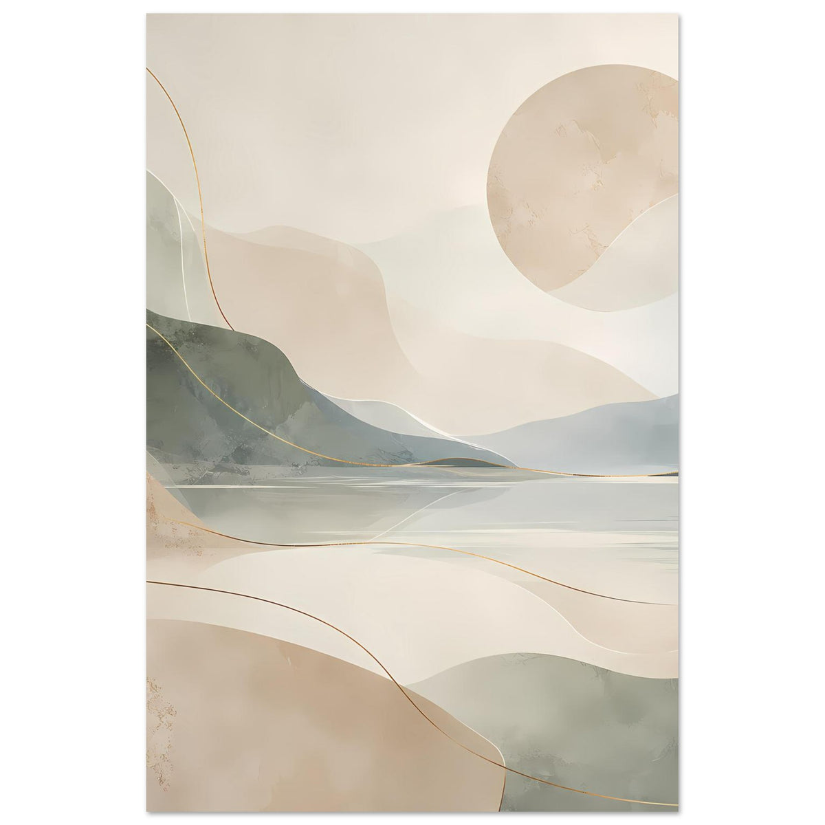 Poster mit abstrakter Berg- und Seenlandschaft in Beige, Blau-Grau und Goldlinien