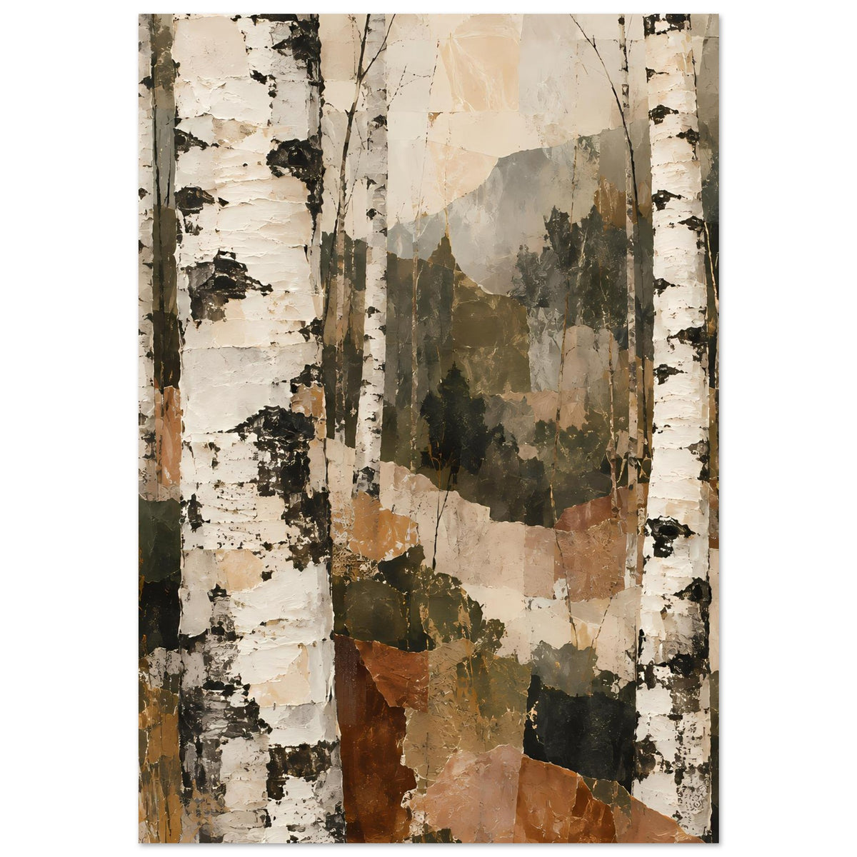 Hochformatiges Poster mit Birkenstämmen und Patchwork-Flächen in Beige, Oliv, Schwarz und Braun