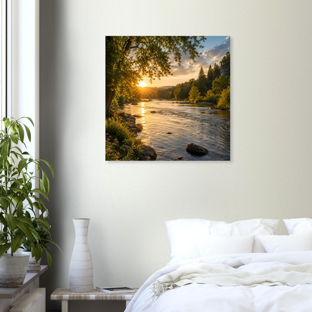 Gerahmtes Poster mit Sonnenuntergang über ruhigem Fluss und Baumreihen am Ufer