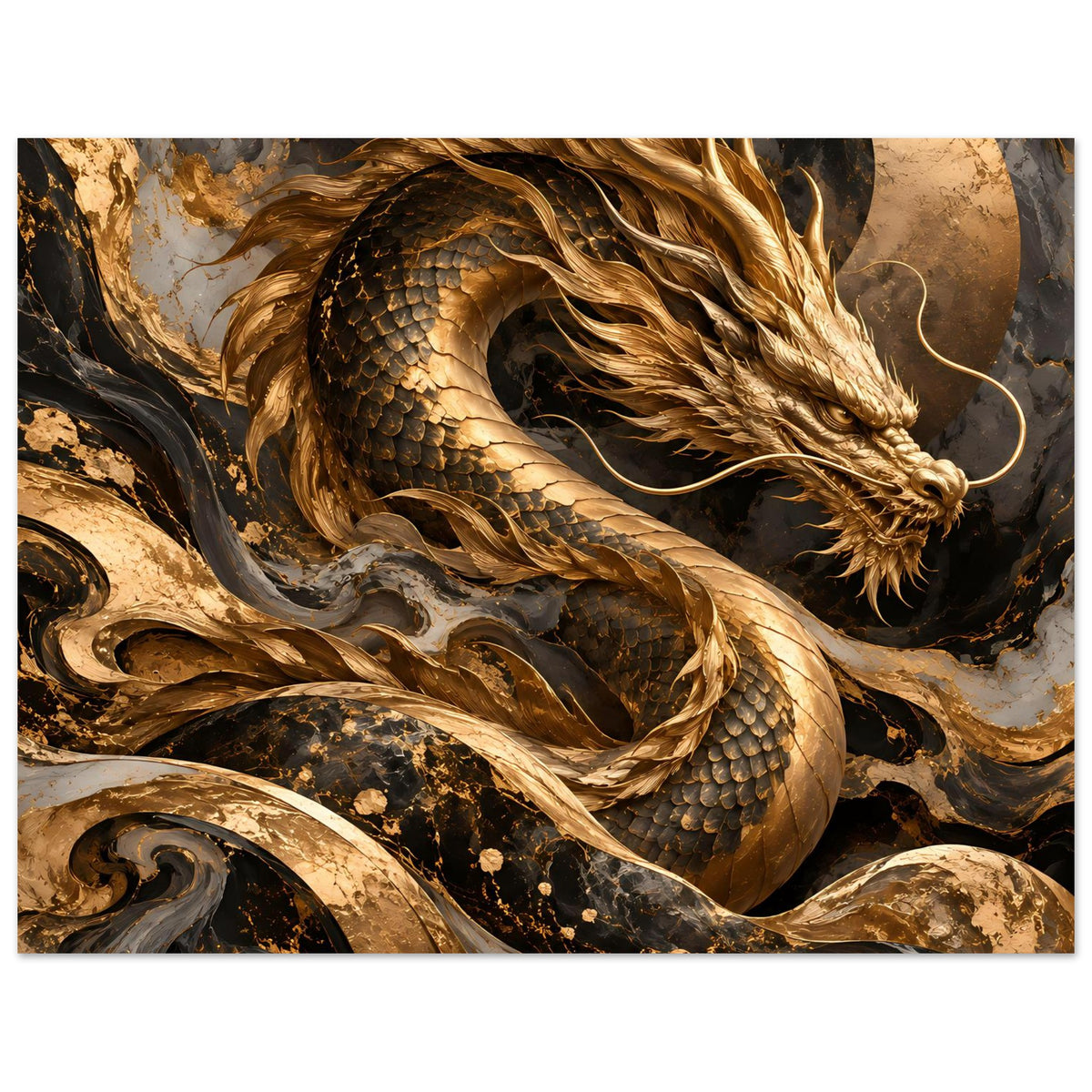 Fantasy-Poster mit goldener Drachenkopf-Perspektive, Schuppen und Mähne mit Flammenoptik