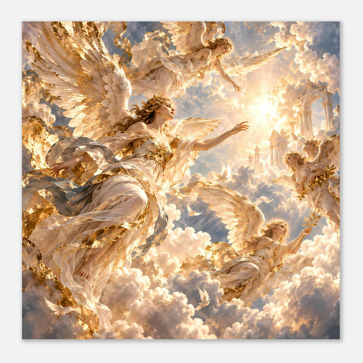 Premium-Mattposter mit Engelmotiv, goldene Flügel, Frauengestalt und Licht im Himmel